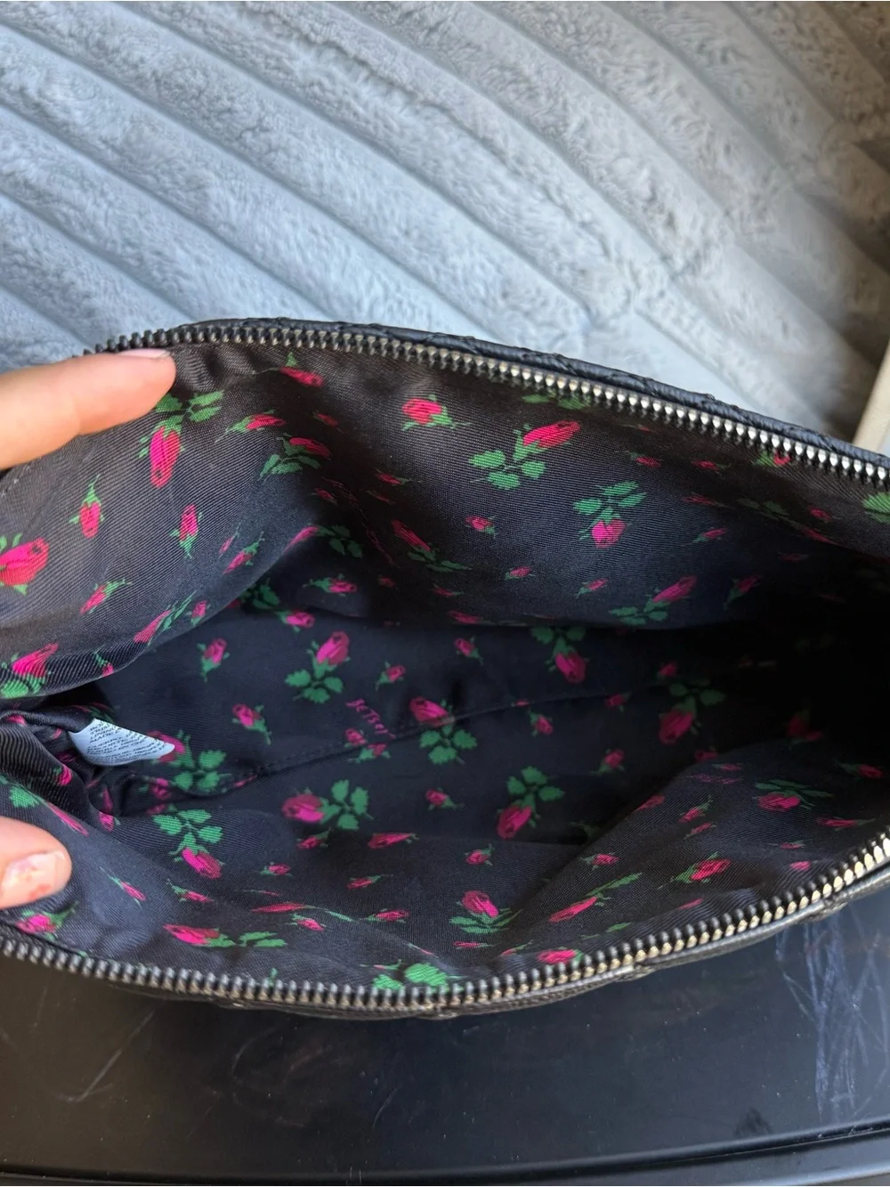 LARGE Betsey Johnson Black Quilted Heart Cosmetic Pouch with Gold Plaque 12”x7”